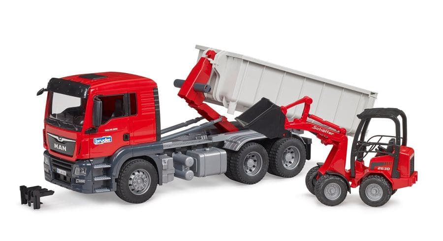 BRUDER Camion MAN TGS con container scarrabile e pala caricatrice Schäffer (Bruder MAN TGS truck with roll-off con)