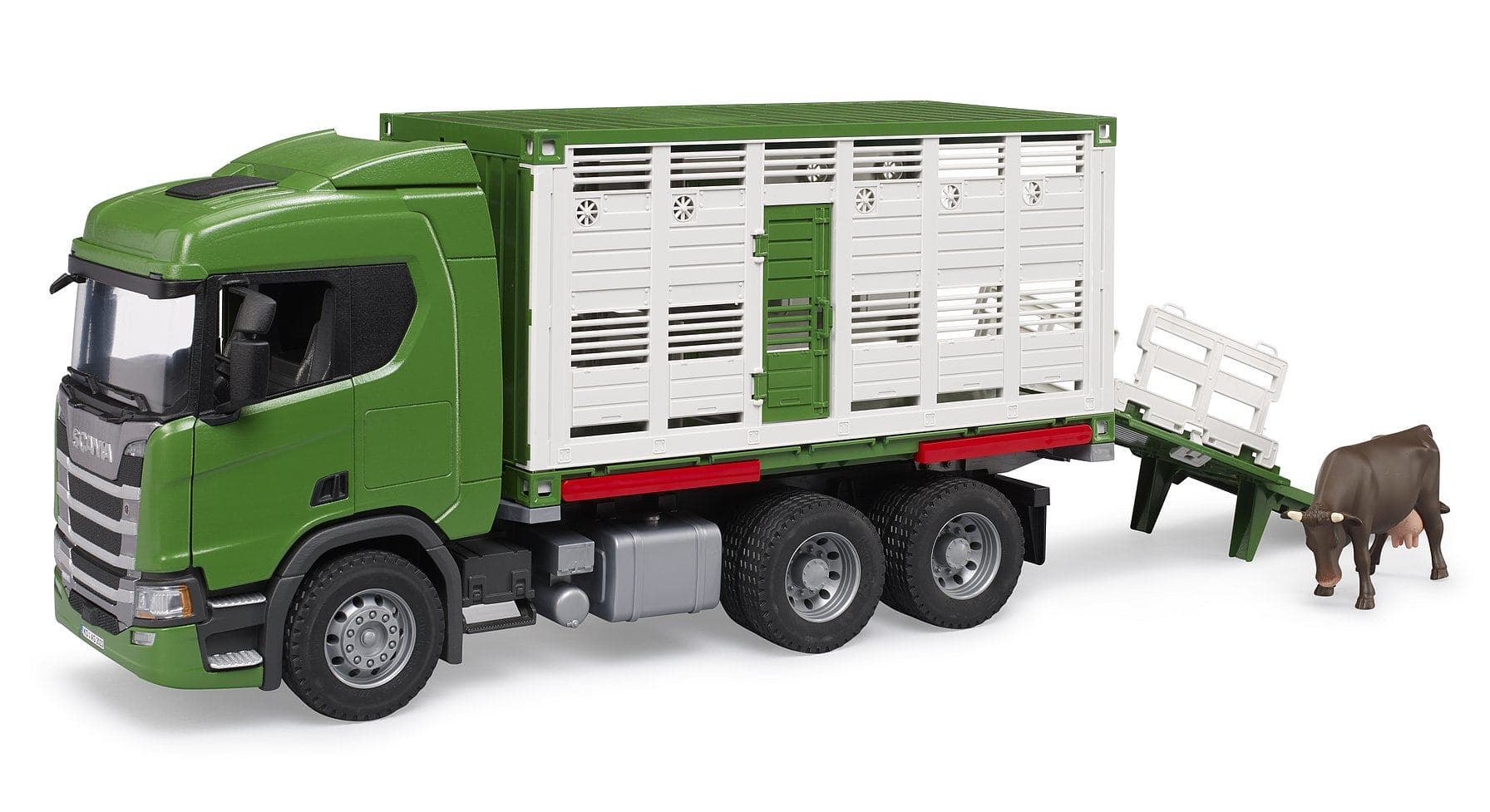 BRUDER Camion trasporto animali Scania Super 560R con 1 bue (BRUDER Scania Super 560R Tiertransport)