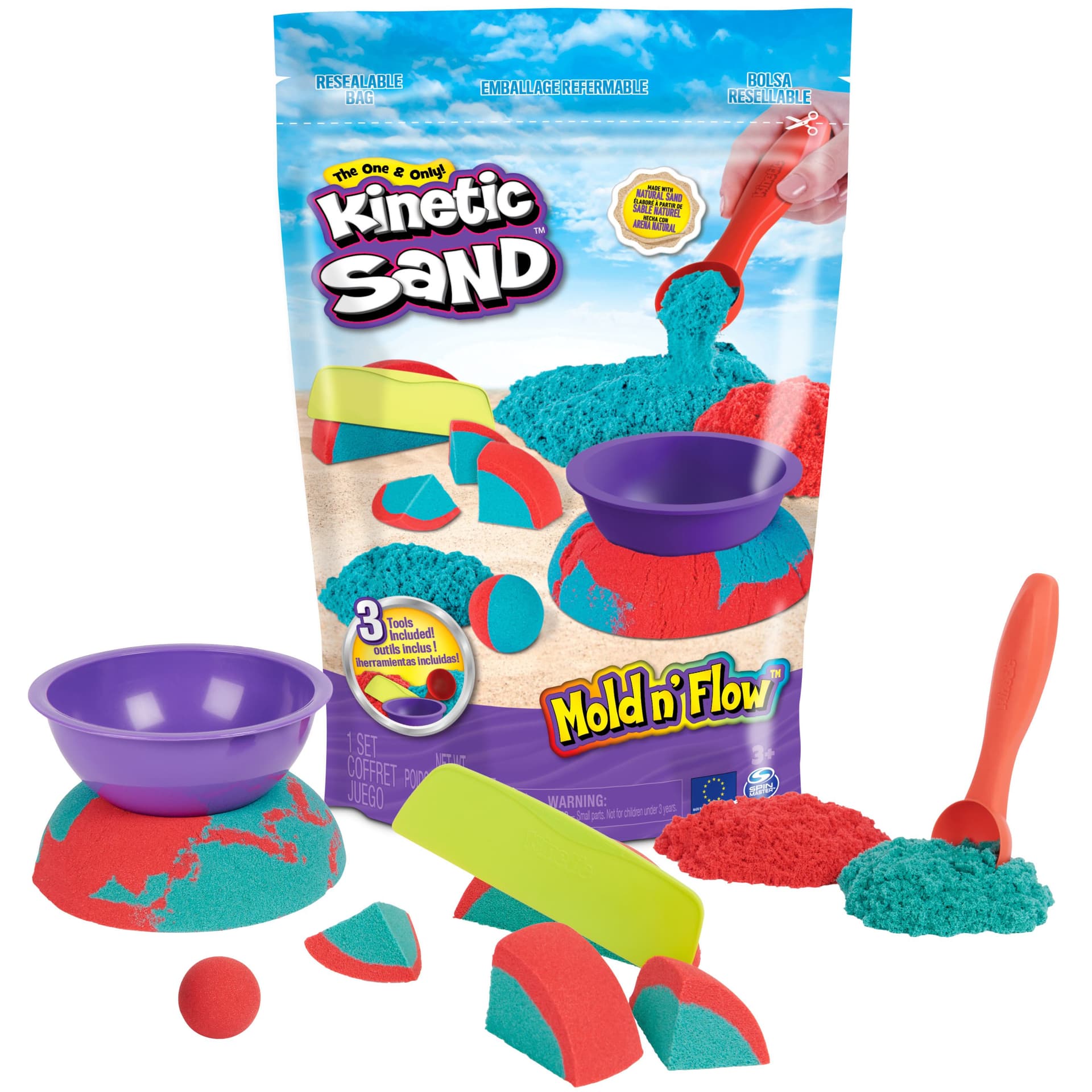 Kinetic Sand , Mold N’ Flow, 680g, Sabbia in 2 Colori, Rossa e Verde, 3 Strumenti per Modellare e Creare, Gioco per Bambini e Bambine, 3+ Anni (Kinetic Sand KNS ACK Mold N Flow SW GM)