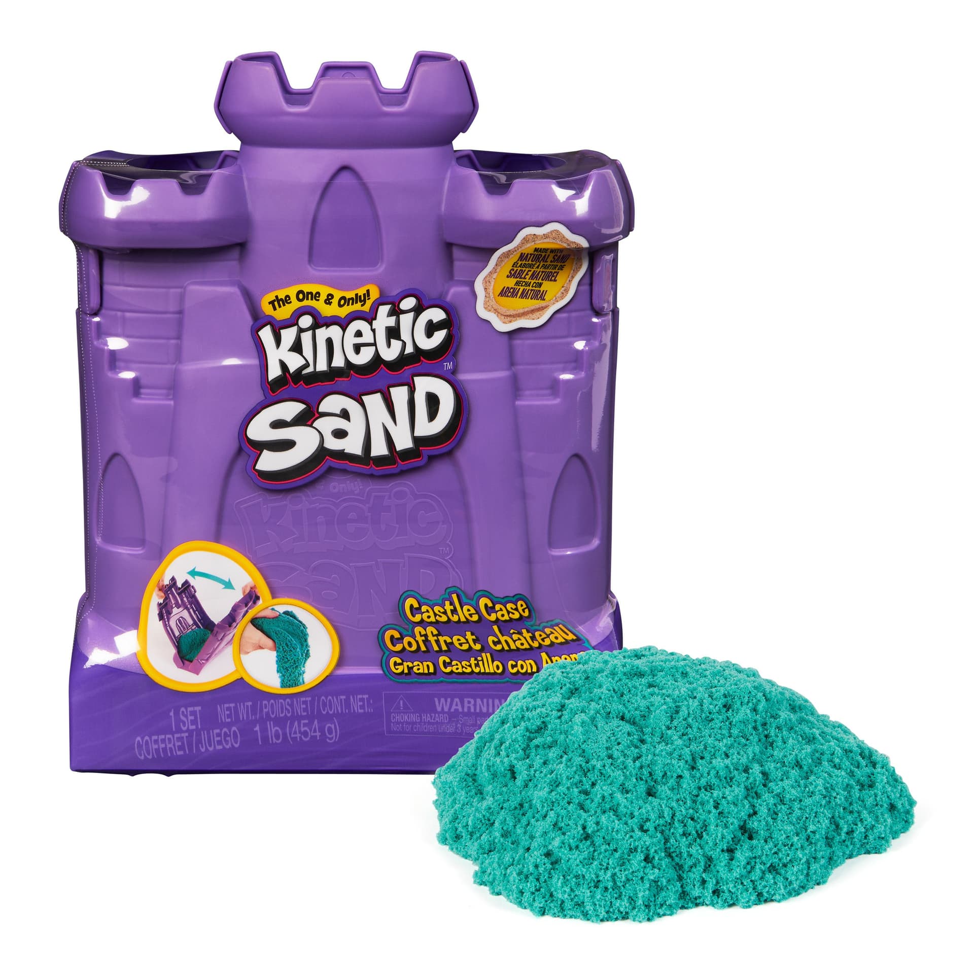 Kinetic Sand , Castle Case con 453 g di sabbia verde acqua, area di gioco multiuso e contenitore, giocattoli sensoriali per bambini da 3 anni in su (Kinetic Sand Castle Case)