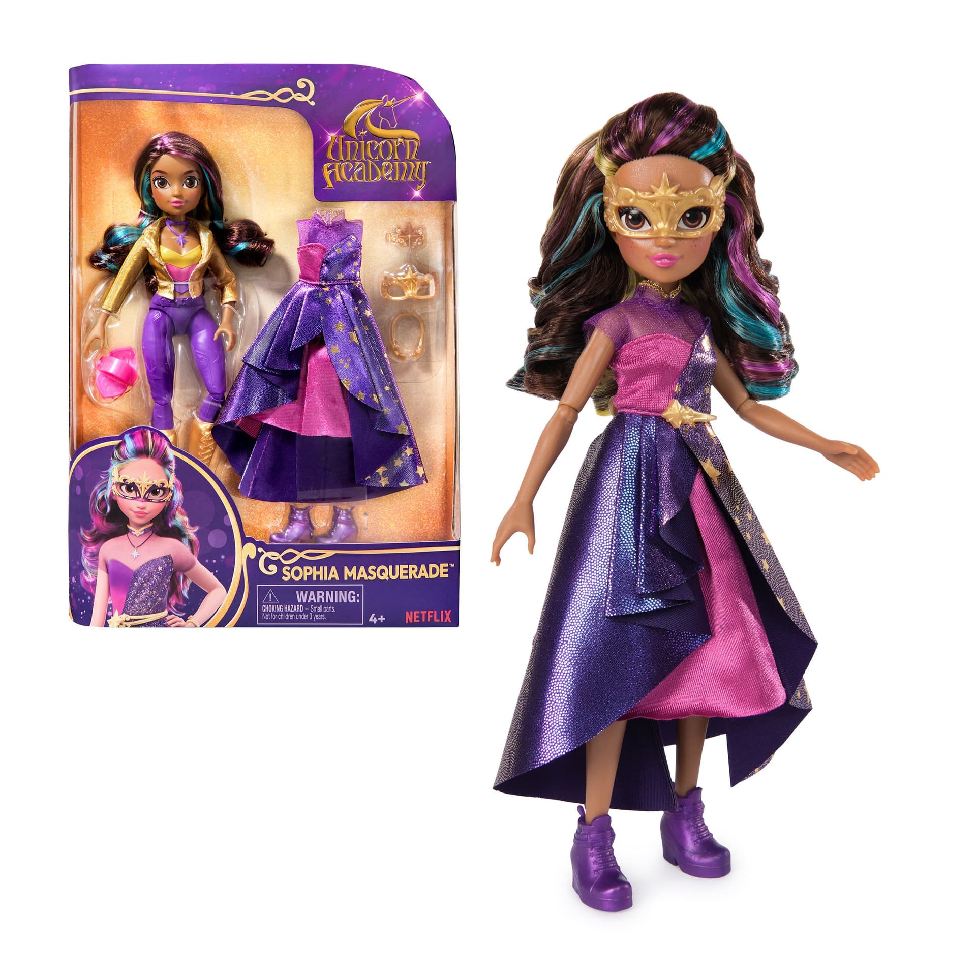 Unicorn Academy, Bambola Sophia in Versione Ballo in Maschera, con 9 Accessori per Bambola e Capelli arcobaleno, 24 cm, Bambole e Unicorni Giocattolo per Bambine, 4+ Anni (Unicorn Academy Sophia Masquerade)