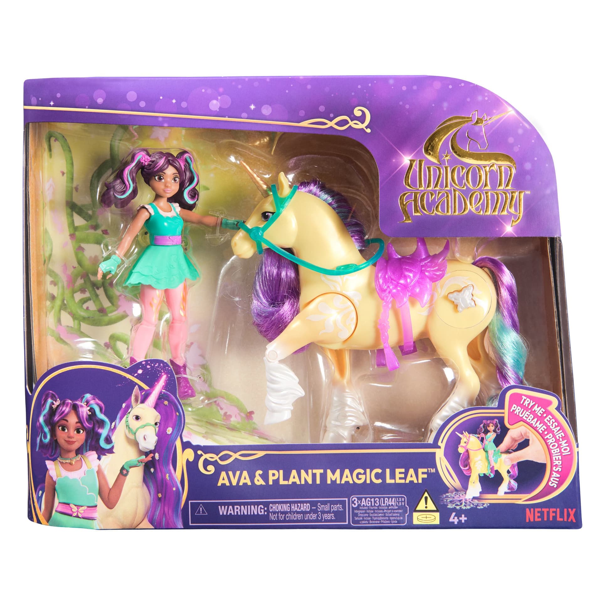 Unicorn Academy, Ava & Plant Magic Leaf con effetto luminoso, 2 accessori per l'equitazione, bambole e unicorni giocattolo per bambine dai 4 anni in su (Unicorn Academy - Ava und Pflanzen-Mag)