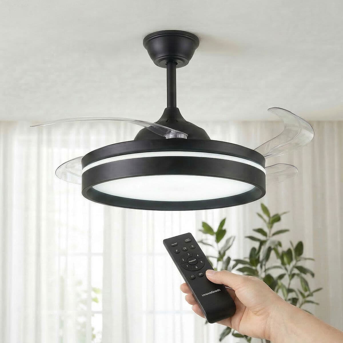 Ventilatore da soffitto con luce LED, 4 pale retrattili e te