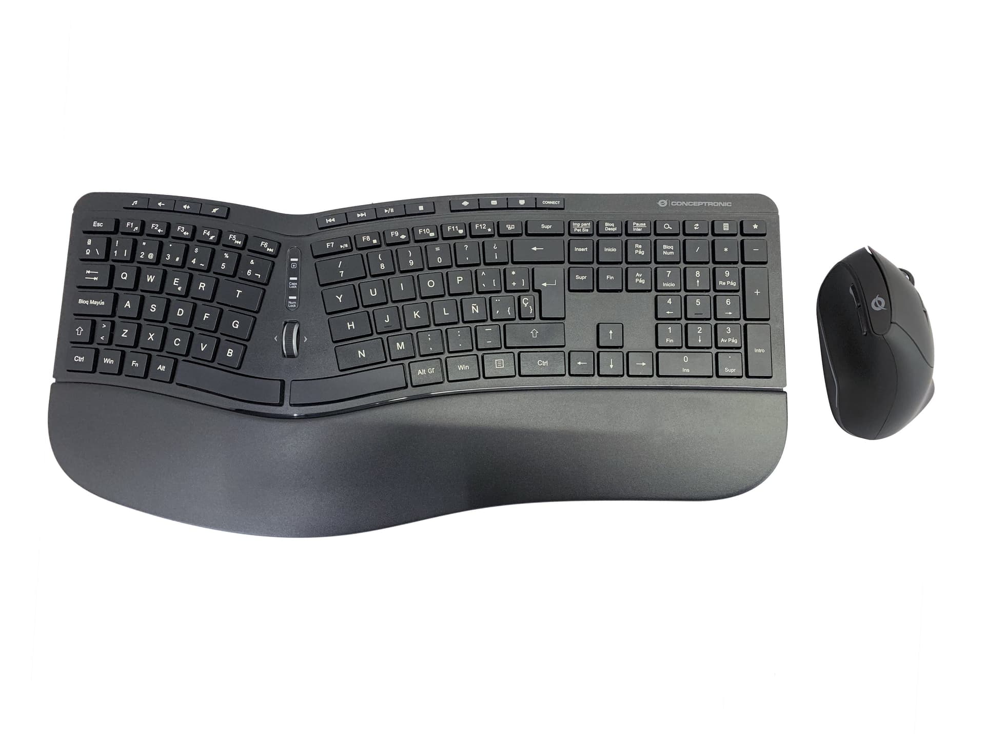 Conceptronic ORAZIO02ES tastiera Mouse incluso Ufficio RF Wireless QWERTY Spagnolo Nero (Orazio Ergo Wireless - Ergonomic Keyboard & Mouse - Kit, Spanish Layout - Warranty: 12M)