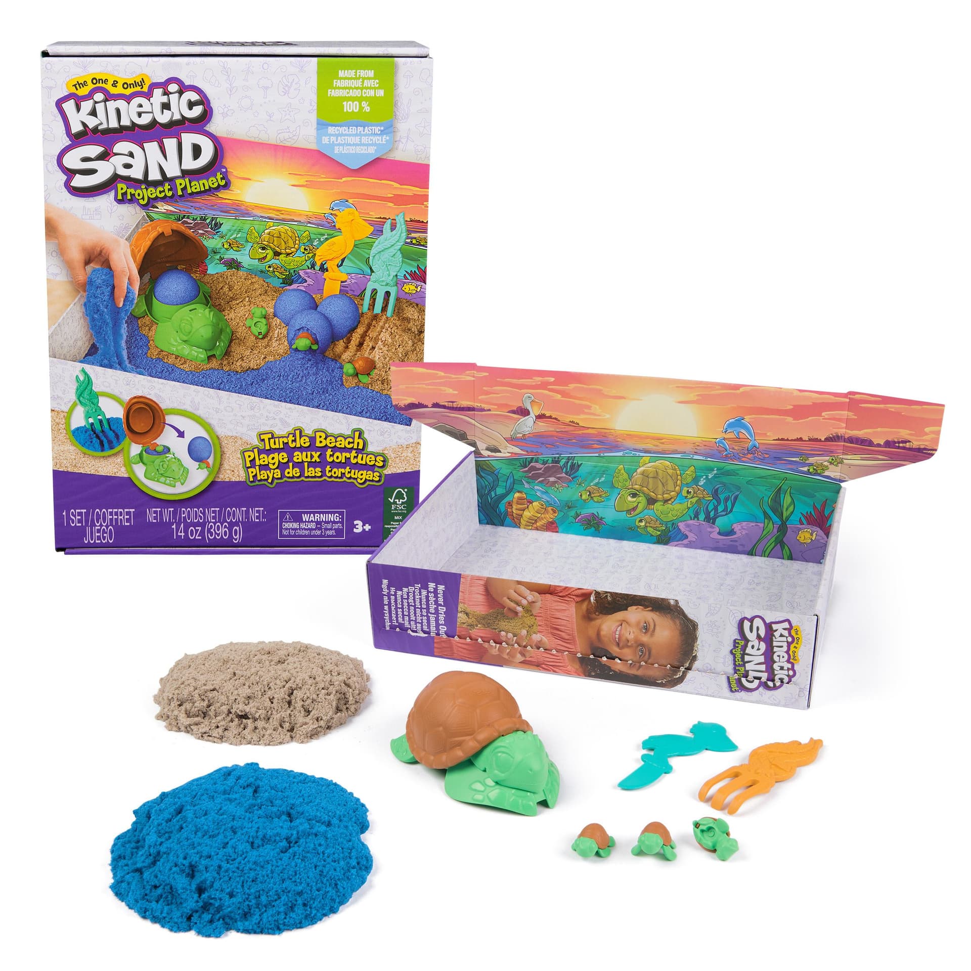 Kinetic Sand , Project Planet, Spiaggia delle tartarughe con 396 g di sabbia da gioco, attrezzi e formine, materiali sostenibili concepiti per la salvaguardia dell'ambiente, giocattoli sensoriali per bambini dai 3 anni in su (Kinetic Sand Project Pla