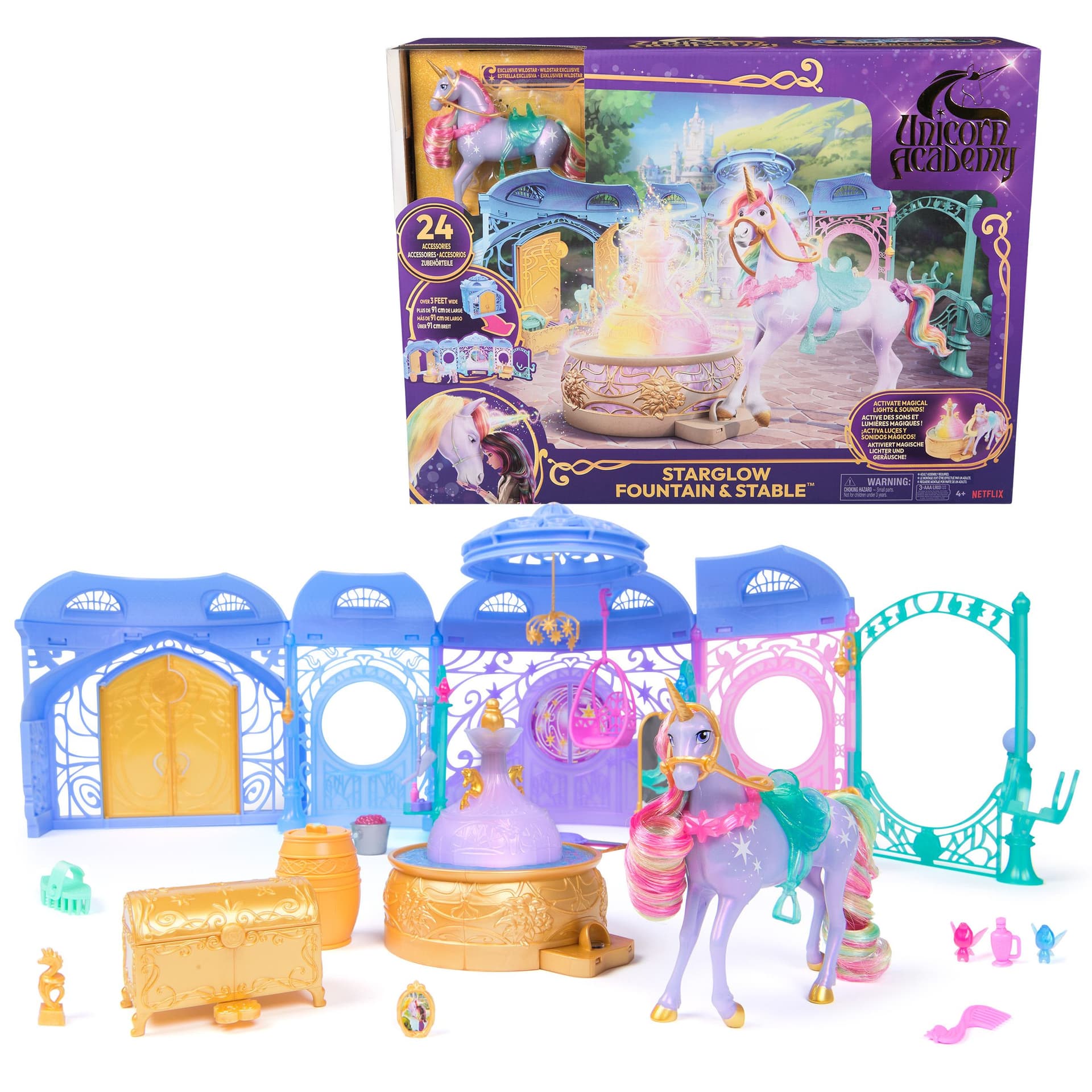 Unicorn Academy, Starglow Fountain & Stable Playset con Wildstar, luci e suoni, 24 accessori, bambole e unicorni giocattolo per bambine dai 4 anni in su (Unicorn Academy - Stall Spielset [ink)
