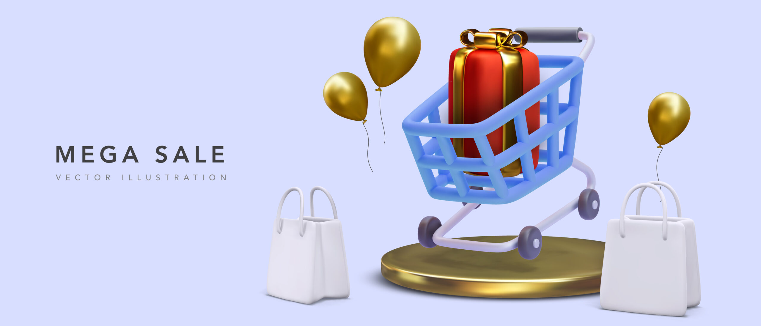 Mega sale promotion banner with 3d cart with gift on platform and shopping bags and balloons. Vector illustration